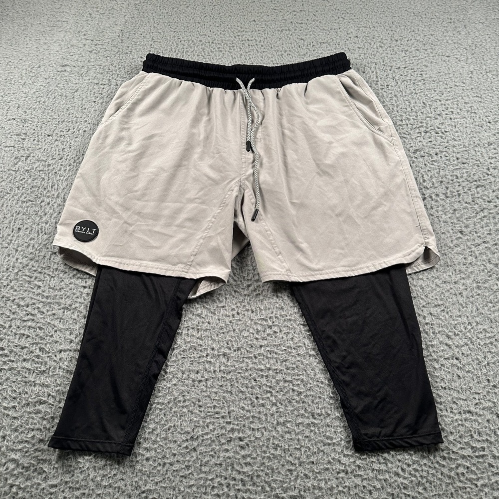 BYLT Men's Active Shorts With 3/4 Legging Medium‎ Beige Black Polyester Spandex